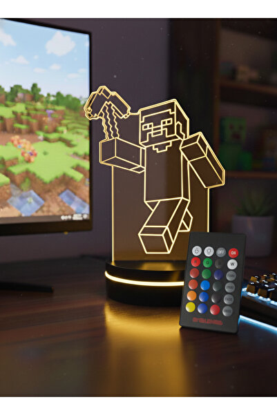 Eymi Design Minecraft Steve 3D LED Gece Lambası | Oyuncu Odası Dekoru | RGB I...