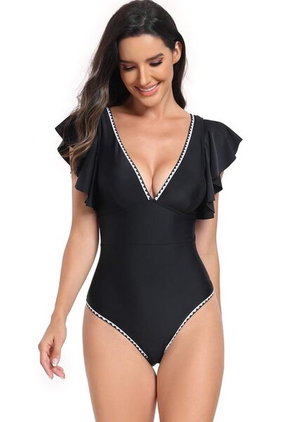 Arabest One Piece Swimsuit with Tummy Control and V-Neck, Slimming Ruffle Design for Beach and Pool (L Size)