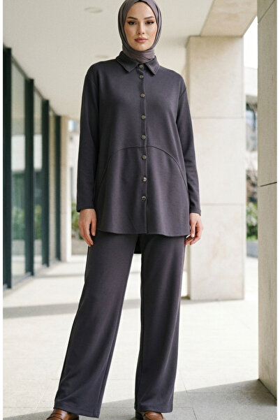 sefamerve Shirt Collar Buttoned Tunic Trousers Two Piece Set 2210-01 Anthracite