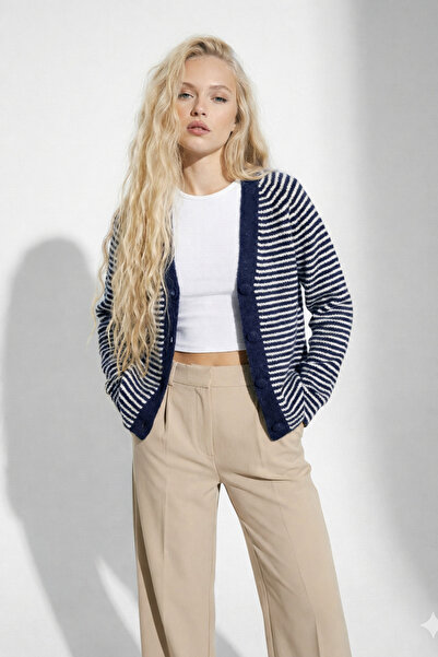 ribana Women's Patterned Soft Cotton Long Sleeve Jacket Look Oversized Pattern Knitwear Cardigan 2598