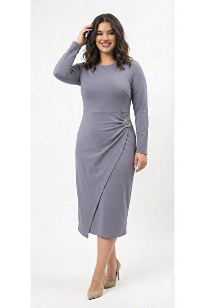 Koza Butik Women's Plus Size Long Sleeve Front Buckle Two Thread Combed Cotton Fabric Dress 5430-26