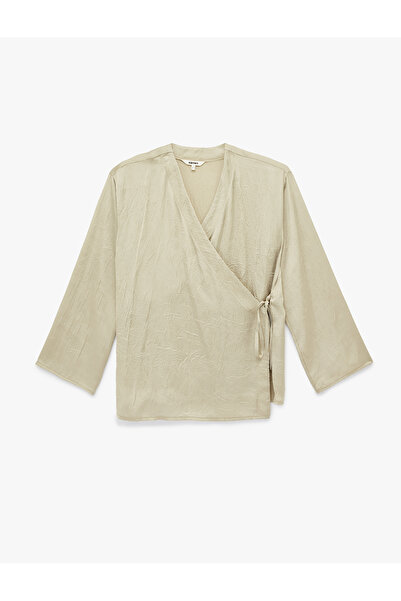 Koton Double-Breasted Textured Satin Kimono with Bowl Mold Long Sleeves and Tie Detail