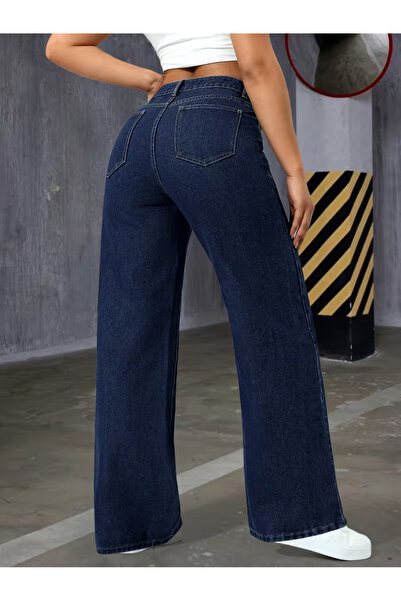 kleshus Zofya Den Kamelya Navy Blue High Waist Palazzo, Wide Leg Jeans, Stret...