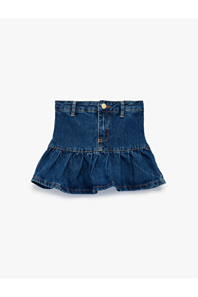 Koton Cotton Buttoned Balloon Shape Pleated Mini Jean Skirt