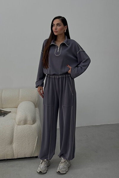 Ortaya Çık Anthracite Reverse Stitch Detailed Tracksuit Set