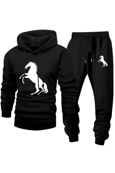 AEMİ Unisex at Horse Printed Hooded Sweatshirt and Jogger Sweatpants - Bottom Top Set