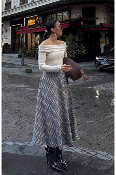 MILANOFOX Women's High Waist Plaid Pattern Double Pocket Midi Skirt