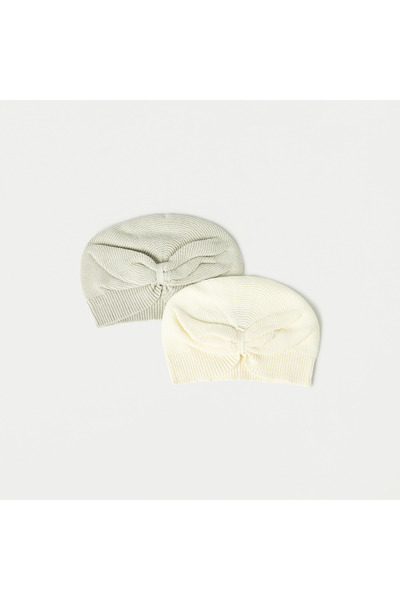 Juniors Textured Bow Detail Beanie Cap - Set of 2
