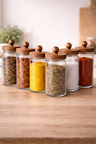 Kitchen Way طقم برطمانات بوروسيليكات سعة 750 مل مكون من 6 قطع مع أغطية محكمة الإغلاق من أكاسيا KW-744