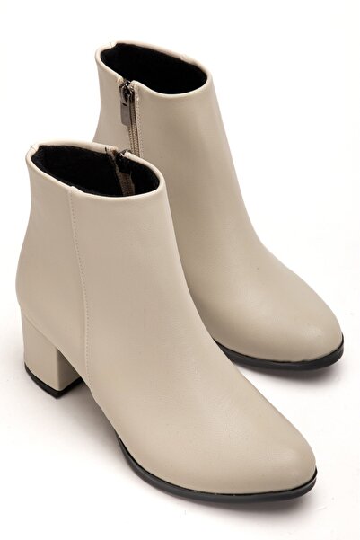 GİZZAH Krem Cilt Kadın Ökçeli Düz Yuvarlak Bot