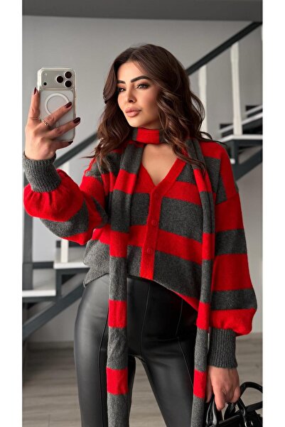 Oslove Anthracite-red checkered knitted cardigan