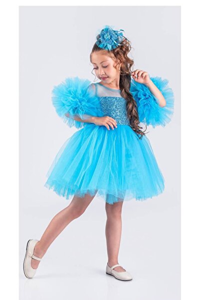 Lily and Co فستان سهرة للفتيات بأكمام بومبوم مزين بالترتر والتول