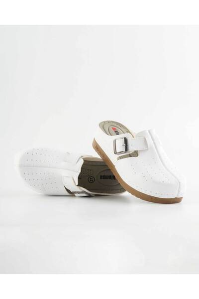 DR KLOMPA Women's White Sabo Slippers with Buckle, Closed Toe, Perforated, Co...