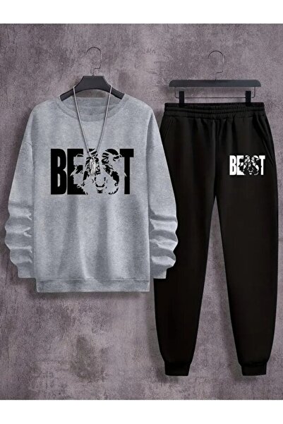 AEMİ Unisex Beast Printed Crew Neck Sweatshirt and Jogger Sweatpants - Bottom Top Set