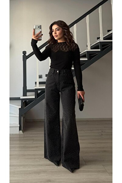 Oslove Black Minimal Stone Wide Leg Jean