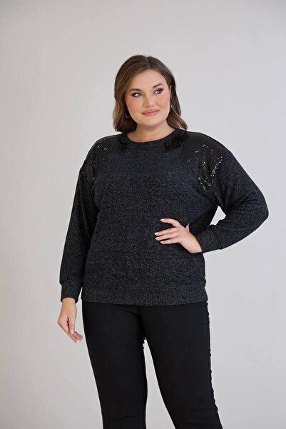 TUSSE Women's Shoulder Sequin Embroidered Soft Plus Size Cashmere Blouse Sweatshirt