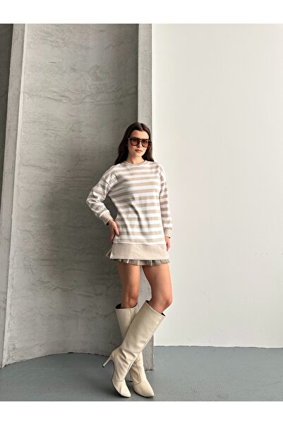 eyyebelle Women's Report Fabric Long Sleeve Crew Neck Side Slit Tunic