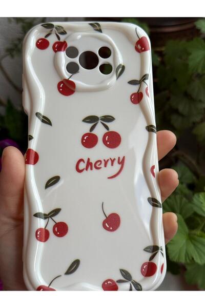 yuscerham Poco X3 Uyumlu Kırmızı Kiraz Desenli Yumuşak Silikon Kılıf
