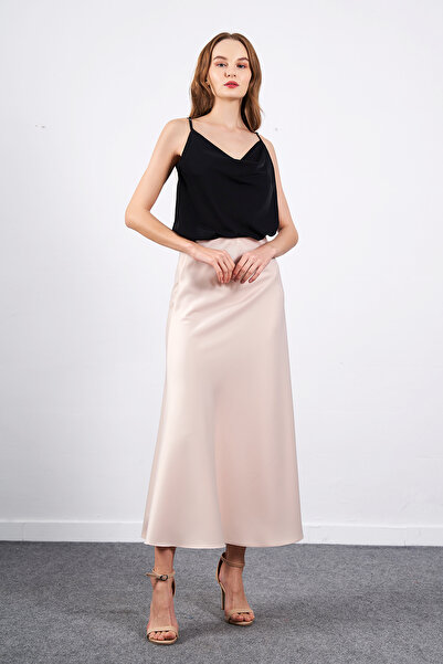 Ortaya Çık Beige Long Satin Skirt