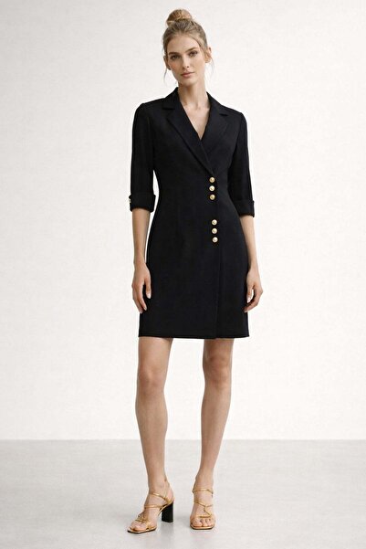Ekol Kruvaze Yaka Düğmeli Elbise