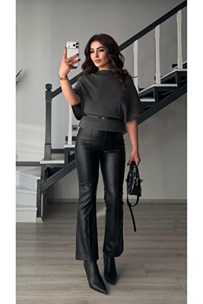 Oslove Black Leather-Look Mini Flared Pants