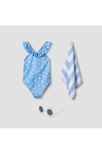 Juniors Palm Print Swimsuit with Ruffle Accent