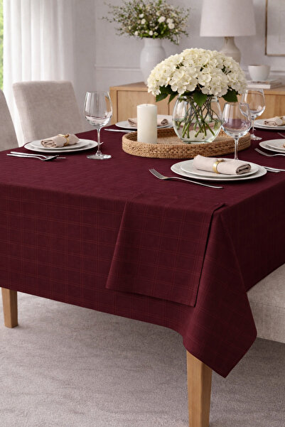NazeninHome Checkered Satin Tablecloth with Napkins Burgundy 100% Cotton 140X200 cm - 40X40 cm Napkin (6 Pieces)