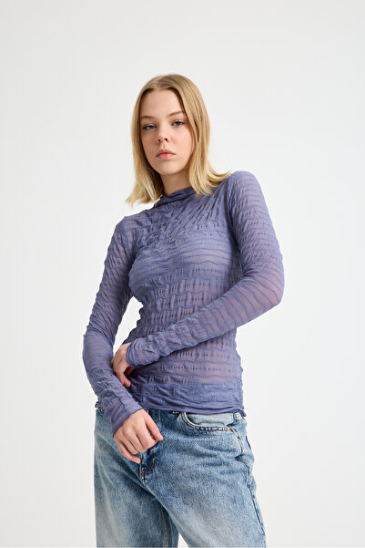 MERİCEY Women's Sheer Tulle Blouse – High Neck Long Sleeve Transparent Top