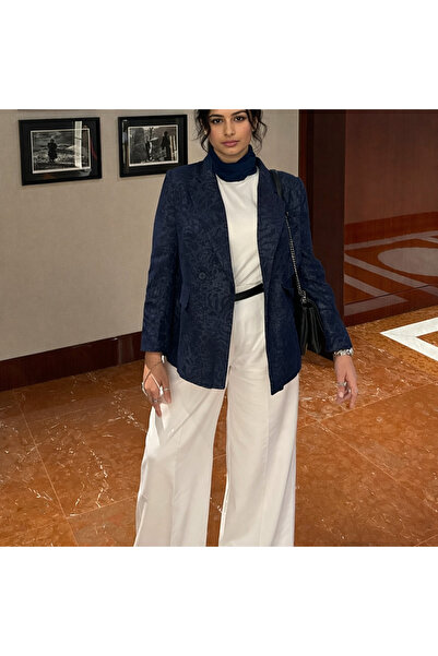 ParlaMira Women's Navy Blue Premium Patterned Stretch Fabric Blazer Jacket