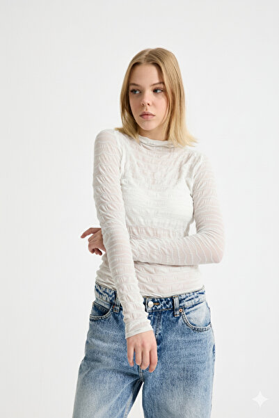 MERİCEY Women's Sheer Tulle Blouse – High Neck Long Sleeve Transparent Top