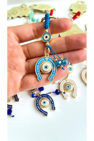 Cassime albastru cobalt Breloc cu ochi de ochi rău, cu model de potcoavă albastră, placat cu aur