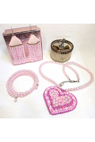 Amma Design Set Cadou Bijuterii Handmade Roz, Colier cu Pandantiv Inimă, Cercei și Brățară Spirală