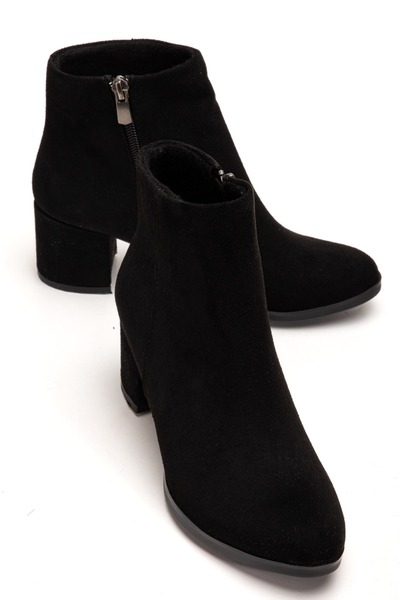 GİZZAH Siyah Süet Kadın Ökçeli Düz Yuvarlak Bot