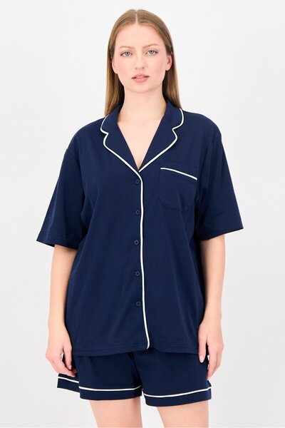 London Fog Women 2 Piece Solid Short Sleeve Pajama Top And Shorts Set, Navy
