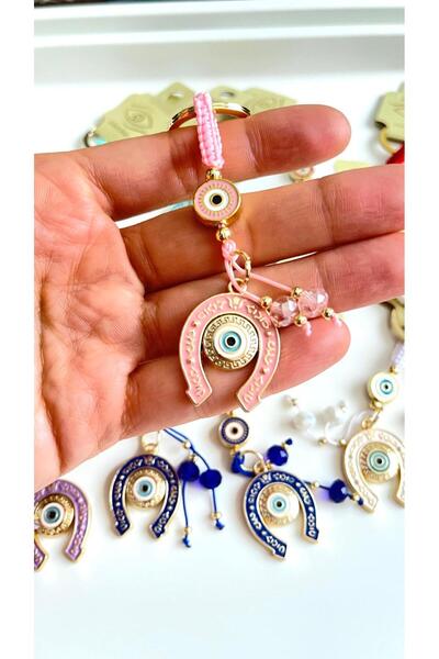 Cassime Pink Horseshoe Patterned Gold Plated Evil Eye Keychain