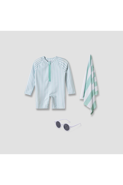 Juniors Striped Swimsuit with Towel and Sunglasses