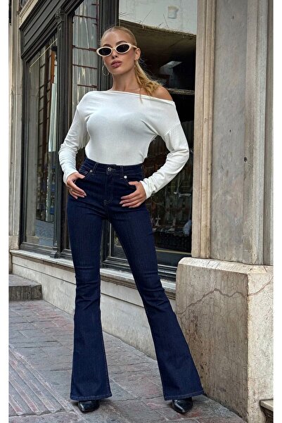 MRİABE Kadın Lacivert 5 cepli Full Likra İspanyol paca Jeans Vs00709