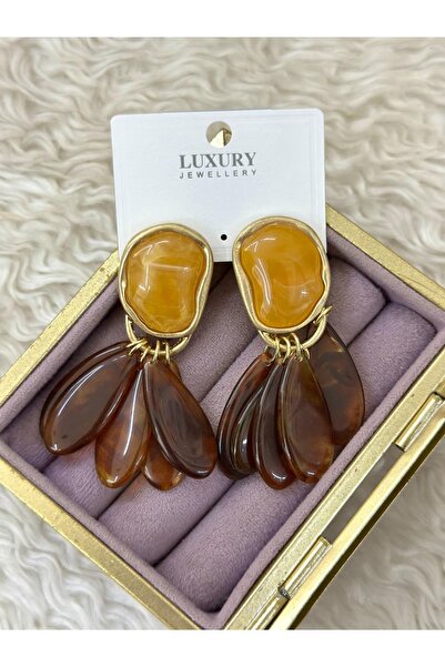 BY YASİN TOPÇU 🍯   Amber Tone Dangle Gold Detailed Luxury Earrings 🍯
