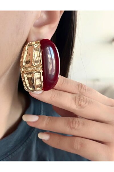 BY YASİN TOPÇU Modern Earrings with Burgundy Acrylic Detail