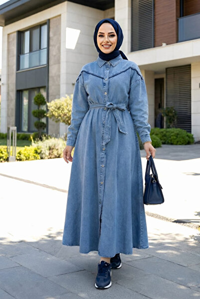 Hb Harma Time Butik Women's Buttoned Belted Denim Blue Hijab Dress