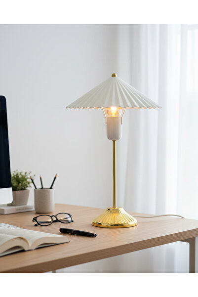 Decodelight Gold Metal Pedestal Fan Pleated Mushroom Model Metal Hat Lampshade Table Lamp Lighting