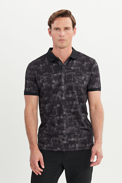ALTINYILDIZ CLASSICS Black Slim Fit Slim Fit Polo Neck Cotton Printed T-Shirt