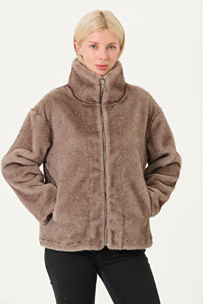 PIQUE Women's Coat Women's Faux Fur Suede Laminated Leopard Pattern Zippered Jacket