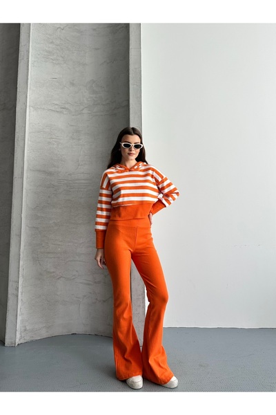 eyyebelle Women's Hooded Striped Sweat Flared Leggings Double Set