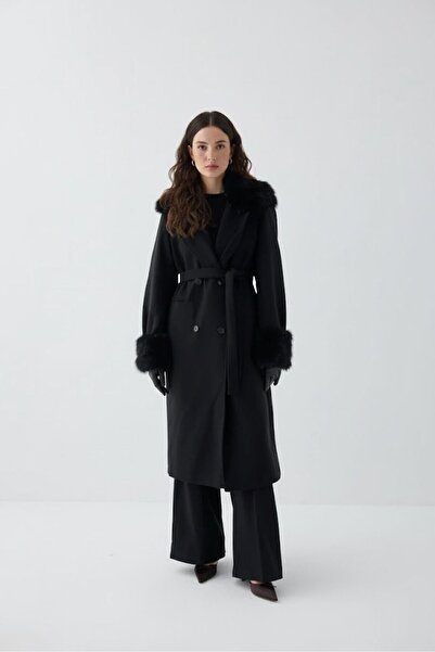 Gülşah collection Fur Collar Cashmere Coat - Black