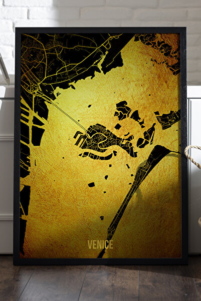 Duvarda Χάρτης της πόλης της Βενετίας, αφίσα με μαύρο ξύλινο πλαίσιο, διακοσμ...