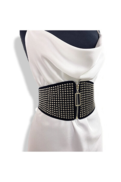 FashionForYou Centura corset Lia neagra, lata, din piele ecologica, elastica, cu capse si fermoar, Fete