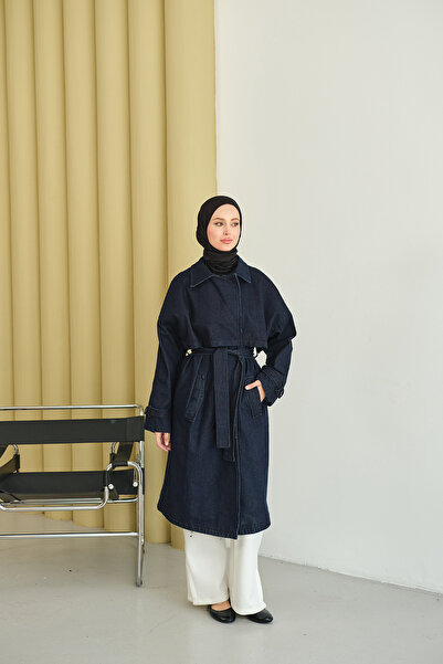 LOCCO Women's Denim Trench Coat Navy Blue