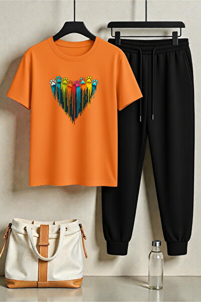 uyguntarz Unisex Cute Paws Design Printed T-Shirt - 2-Piece Tracksuit Set