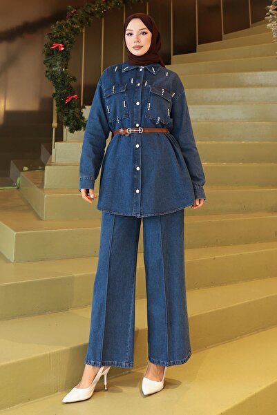 Missvalle Pocketed Stone Detailed Denim Suit Dark Blue 19307